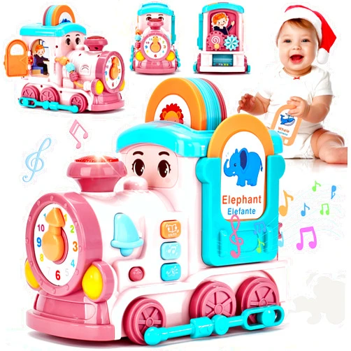 hahaland 1 Year Old Girl Gifts - Activity Musical Train with Talking Flash Cards Bilingual (EN/ES), Educational Learning Toys for Toddlers 1-3, Baby Toys 12-18 Months Girl Ages 1-2 Stocking Stuffers