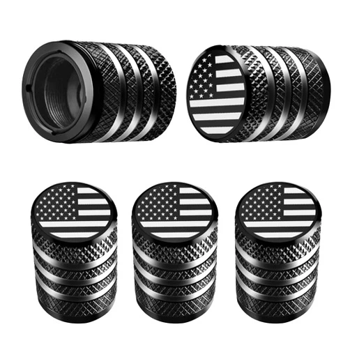 DECURCAR Tire Valve Stem Cap Cover - (5 Pack) Tire Air Cap Metal with Plastic Liner Corrosion Resistant Leak-Proof American Flag for Car Truck Motorcycle Bike Black