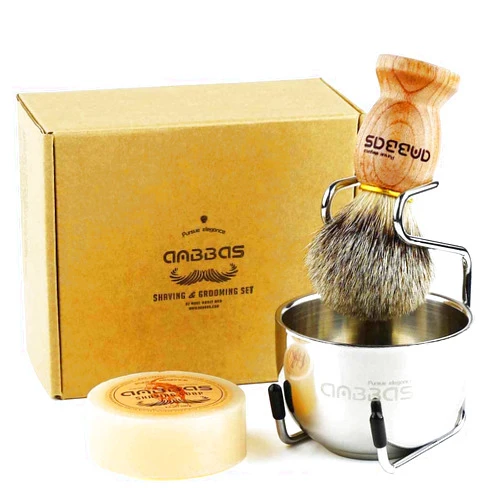 Anbbas Badger Hair Shaving Brush with Wood Handle,Goat Milk Shaving Soap 100g,Stainless Steel Shaving Stand and 2 Layers Shaving Bowl Perfect for Men Gift