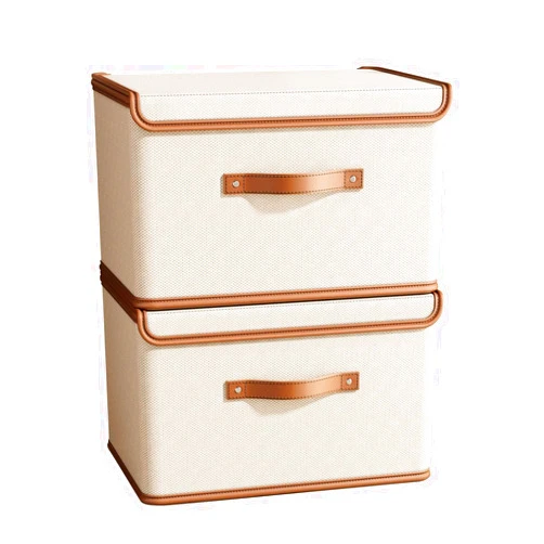 Tuza 2 Pack Storage Bins with Lids, Collapsible Closet Organizer Container, Fabric Organizer Box with Handles, Decorative Storage Boxes with Lids for Organizing Clothes, Books, File, White, Medium