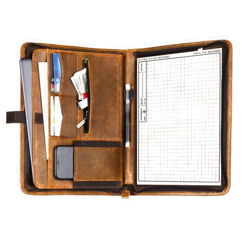 Carpetene Portfolio Binder, Leather Portfolio Organizer with Zipper, Stylish Brown Leather Padfolio for Men Women, for Business, Legal Pad Holder, A4/Pad Compatible, Professional Leather Folio Folder