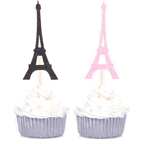 Giuffi 24 Counts Paris Theme Cupcake Toppers Eiffel Tower Shape Party Picks Wedding Bridal Shower Decorations - 12 Pink and 12 Black