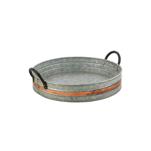 DECONOOR Galvanized Metal Serving Trays with Copper Strip and Iron Black Handles,Farmhouse Tray, Decorative Centerpiece for Coffee Table or Dining Table, Rustic Utility Trays for All Purpose, Round Trays…