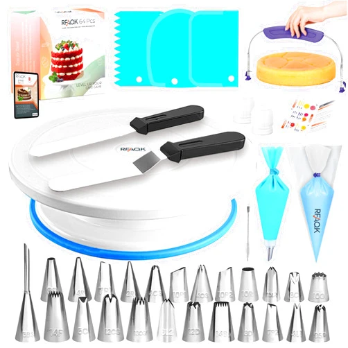 RFAQK Cake Decorating Kit for Beginners Includes Video Course, Booklet-Revolving Cake Stand, Cake Leveler, Easy to Use Numbered Piping Tips & Bags, Spatulas, Scrapers- Baking Supplies Gift for Newbies