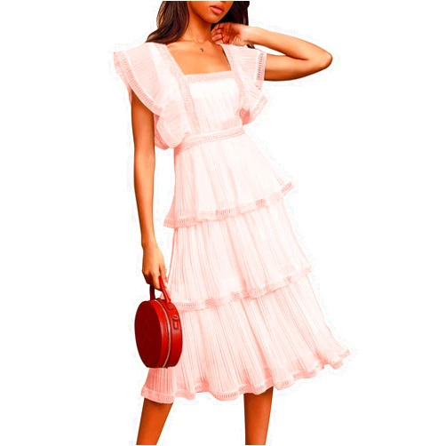 ETCYY Women's Summer Ruffle Dress Lace Tiered Short Sleeve Boho Floral Print Chiffon Party Wedding Guest Maxi Dresses
