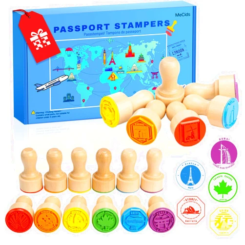 MeCids Passport Stamps for Kids – City and Country Stamp Set |24 International Places, Perfect for Learning, Arts & Crafts, Scrapbooking, Classroom Activities, Travel Theme |Wooden Stamper Gift Choice