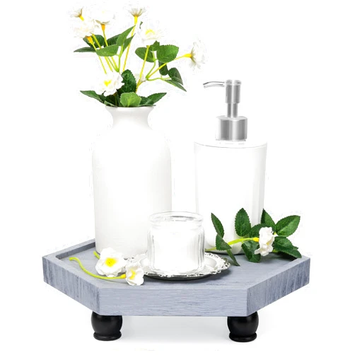 Tikea Farmhouse Wood Display Riser, 10 in. Farmhouse Pedestal Stand for Bedroom Bathroom Kitchen Counter Decor, Hexagonal Display Tray for Artwork and Soap Dispenser (Gray)