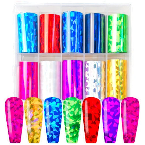 DANNEASY 10 Roll Iridescent Cellophane Nail Foil Transfer Holographic Nail Foils Sheets Aurora Glass Nail Stickers Starry Sky Nail Art Foil Nail Glitter Nails Design 3D Nail Decoration
