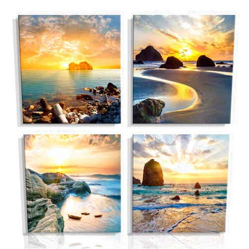BAOLISEN Art Romantic Sea Water Sunset Print Decorative Beach Modern Seascape Paintings on Canvas Wall Artwork for Living Room Bedroom Home Office Decorations 4 Panels Stretched Canvas Prints (Seaview)