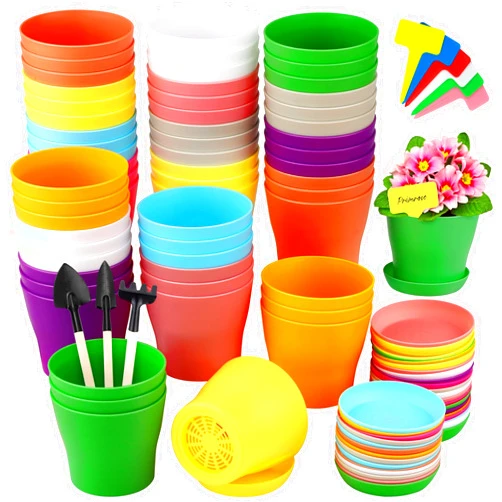 Hahood 60 Pieces Plastic Planters 4 Inch Flower Pot with Trays Labels Multicolor Flower Plant Pots Plants Nursery Pots Flower Seedling Nursery Pots for Indoor Outdoor Plant, Herb, Succulent, 10 Color