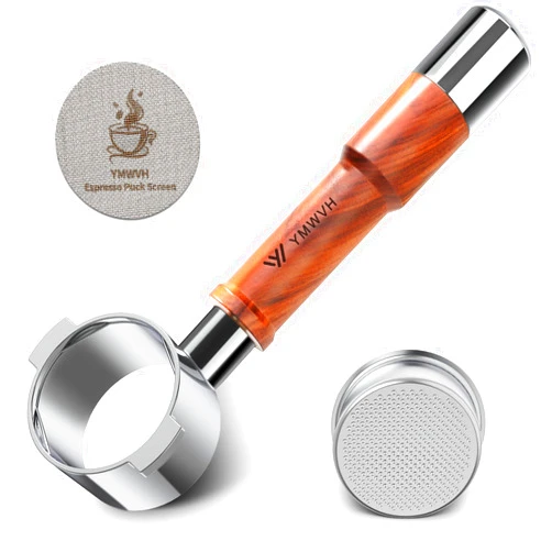YMWVH 51MM Bottomless Portafilter 2 Ears-Fits Delonghi ECP3420/EC155/BCO430/EC260 with Puck Screen & 100% Stainless Steel Filter Basket,Walnut Handle