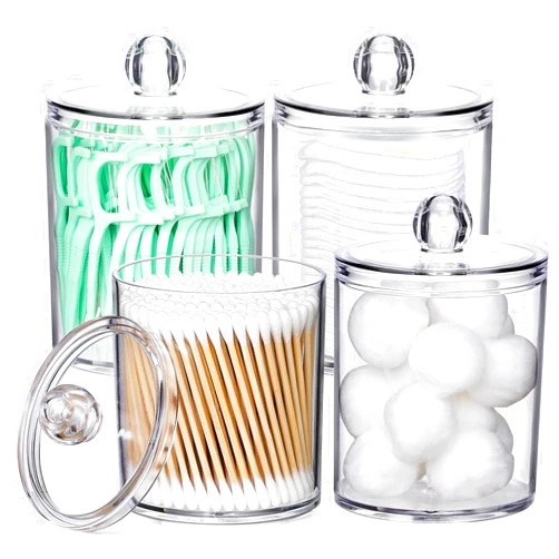 AOZITA 4 Pack Acrylic Qtip Holder Dispenser for Cotton Swabs, Balls, Pads, Floss Picks- Small Clear Plastic Canister Apothecary Jar Set, Bathroom Essentials Accessories Decor, Vanity Makeup Storage Organizer
