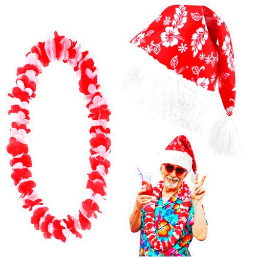 Poen 2 Pcs Hawaiian Christmas Costume Accessories Set Santa Hat Hawaiian Leis for Tropical Christmas Outfits Hibiscus Decoration