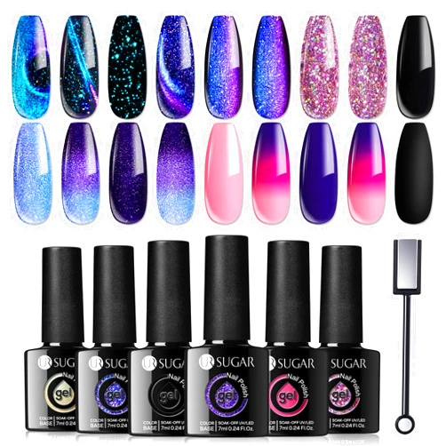 UR SUGAR Glitter Gel Nail Polish Set, 6 Colors Glitter 9D Cat Magnetic Black Nail Polish Color Changing Gel Polish Kit Hot Pink Purple Gold Colors Soak Off Gel Nails Kit Manicure Gift for Women