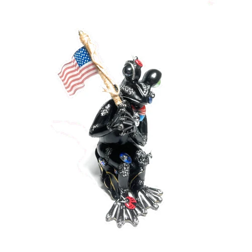 Q&L Dezyn Hand-altered Patriotic Frog Sitting with Flag Red White and Blue Ladybugs Nesting on His Body, Cute Frog Yard Ornament, Home Decor, Frog Is All Black and Trimmed With Silver Specks, 8 Inches Tall
