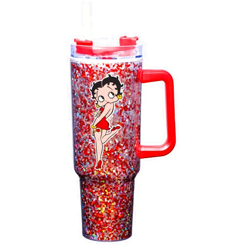 Spoontiques Betty Boop 40oz Glitter Acrylic Travel Mug - Double Wall Acrylic with Sliding Lock Travel Lid and Straw - 11