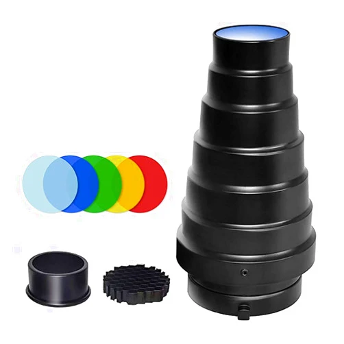 Soonpho Aluminium Alloy Conical Snoot Kit for Bowens Mount Strobe Flash Speedlite Photography,Honeycomb Grid and 5 Pieces Color Filters for Bowens Mount Strobe Flash Speedlite