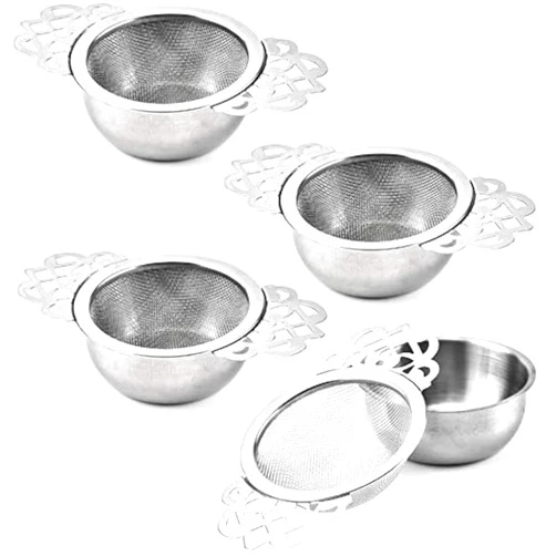 Vankcp 4 Set Tea Strainers with Drip Bowls, Loose Leaf Tea Strainers with Double Winged Handles Extra Fine Mesh Tea Infuser Brew Loose Leaf Tea, Spices, Seasonings