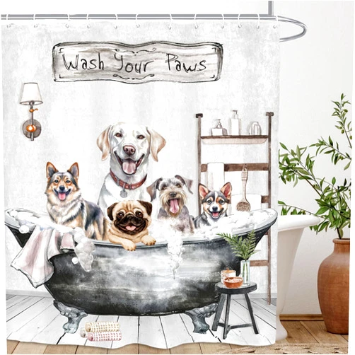 Kalmico Funny Dogs Cute Shower Curtain 60Wx72L Inch Bulldog Pet Hilarious Schnauzer Farmhouse Rustic Bathroom Set Accessories Decor with 12 Pack Hooks