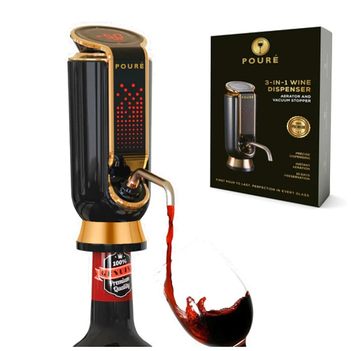Pouré 3-IN-1 Wine Dispenser Aerator and Vacuum Stopper - Electric Liquor Decanter Pourer & Preserver - Touch Screen LED Display - Wine Temperature Monitor - Gift for Wine Lover (Black)