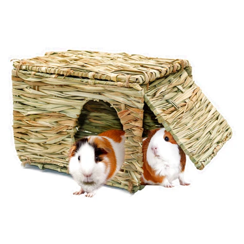 BWOGUE Large Grass House for Guinea Pigs,Hand Woven Straw Hut Foldable Small Animal Play Hideaway Bed with Double Openings Playhouse for Bunny Guinea Pig Chinchilla Ferret
