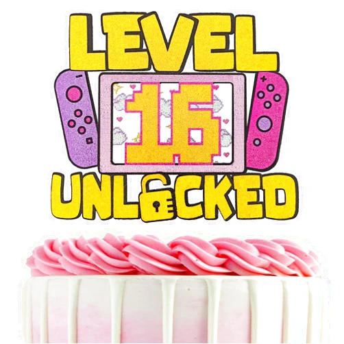 Festus Girls Level 16 Unlocked Cake Topper, Glitter Girls Gaming 16th Birthday Cake Topper, Video Game Theme Party Decoration, Girl Gamer Birthday Favor