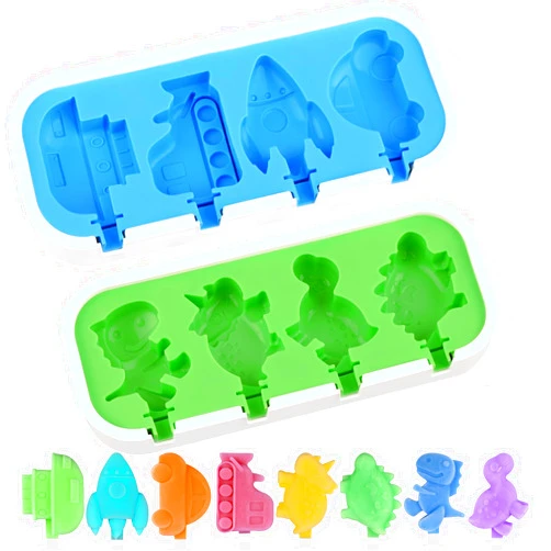 Sakolla 2 Pack Silicone Popsicle Molds with Sticks & Lid, 4-Cavity Mini Popsicle Molds for Kids - Cars, Ships, Train, Rocket and Dino Shapes (Green & Blue)