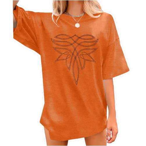 BANGELY Western Shirts for Women Boot Stitch Embroidery Shirt Rodeo Vintage Tshirt Oversized Boho Country Music Short Sleeve Top