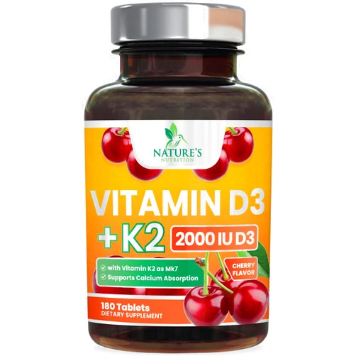 Nature's Nutrition Vitamin D3 K2, Chewable Cherry D3 2000 iu Plus K2 (MK-7) 75 mcg - 2 in 1 Vitamins D & K Complex - Vitamin K2 MK7 + D3 Supplement Supports Immune & Heart Health, Calcium Absorption, Bones - 180 Tablets