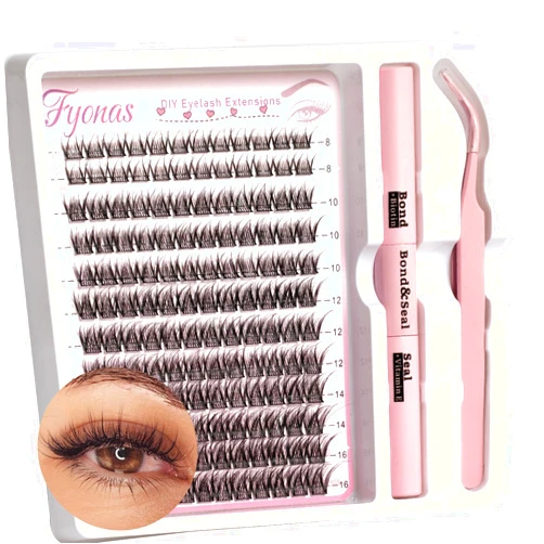 Fyonas Lash Clusters Kit Natural Eyelash Extension Kit 144 Pcs Cluster Eyelash Extensions C Curl Lashes Clusters with Lash Bond and Seal Waterproof Wispy DIY Lash Extension Kit at Home 8-16Mix (LD04)
