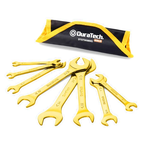 DURATECH Super-Thin Open End Wrench Set, Metric, 8-Piece, 5.5mm to 27 mm, Titanium Plating, Slim Spanner Set with Rolling Pouch
