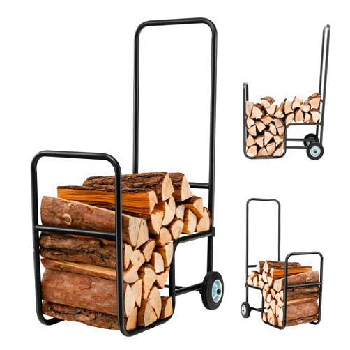 S AFSTAR Safstar Firewood Log Cart Carrier, 2.9ft/35” Height Wood Rack Storage Mover w/2 Rubber Wheels & Ergonomic Handle, Heavy-Duty Steel Fireplace Log Carrier Mover, Rolling Firewood Cart for Indoor Outdoor