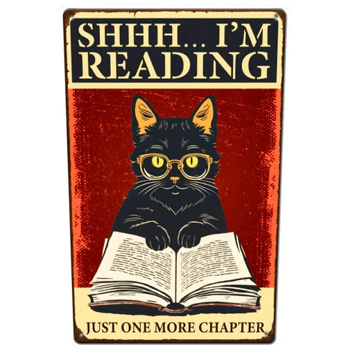 SUPERDANT Black Cat Tin Sign Cat Reading Signs Cats Metal Tin Signs Retro Reading Quotes Metal Wall Art Bar Sign Funny Wall Plaque for Bedroom Living Room Library Man Cave Decor