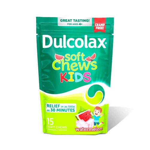 Dulcolax Kids Saline Laxative Soft Chews, Stimulant-Free Laxatives, Gentle Constipation Relief for Kids, Softens Stool, Watermelon Flavor, Magnesium Hydroxide 1200 mg, 15 Count