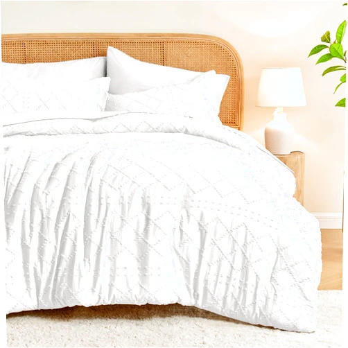 JOLLYVOGUE King Comforter Set, White Boho Tufted 7 Pieces Bedding Comforter Set for All Seasons, Lightweight & Breathable Bed in a Bag with Comforter, Sheets, Tufted Shams & Pillowcases