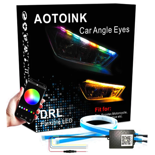 AOTOINK Car Headlight LED Strip, 24Inch RGB Multi Color Headlight Surface LED Daytime Running Lights Flexible DRL Tube Strip Sequential Neon Decorative Switchback Turn Signal Lights APP Contrl 2-Pack