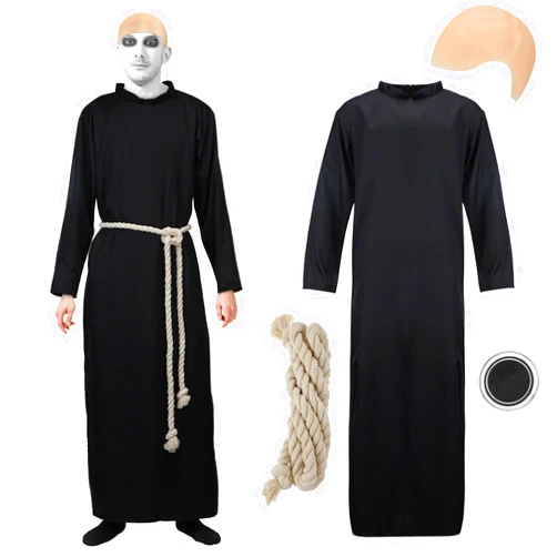 Mepase Set of 4 Halloween Black Uncle Costume Set with Tunic Hooded Robe Cord Belt Latex Bald Cap Makeup Black Cream for Cosplay Family Costume Adults Party