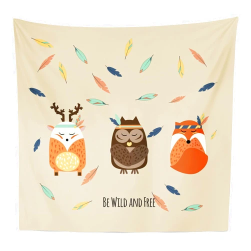 Lunarable Woodland Tapestry Queen Size, Hand Drawn Boho Tribal Owl Deer and Fox in Meditation with Falling Feathers Pastel, Wall Hanging Bedspread Bed Cover Wall Decor, 88