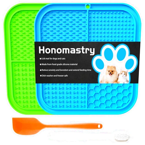 Honomastry Licking Mat Slow Feeder for Dogs and Cats, Premium Lick Pad with Suction Cups for Dog Anxiety Relief, Slow Feeder Dog Bowls, Bathing, Grooming and Training, 2 Pack (Green and Blue)