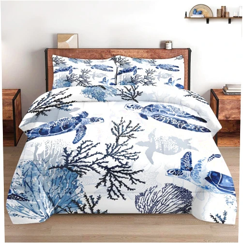 WeCozy Twin Size Comforter Set with Pillowcase, Animal Blue Turtle Sea Coral Soft 2 Pcs Bedding Set for Kids and Adults Bedroom Bed Decor