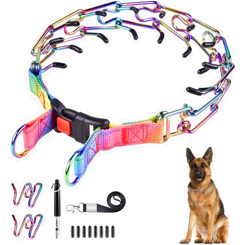 Hanbramo Dog Prong Traing Collar,Choke Pinch Collar for Dogs [2 Extra Links][Dog Whistle][Color] with Martingale Chain and Rubber Caps, No Pull Dog Collar for Medium Large Breed Dogs [Small]