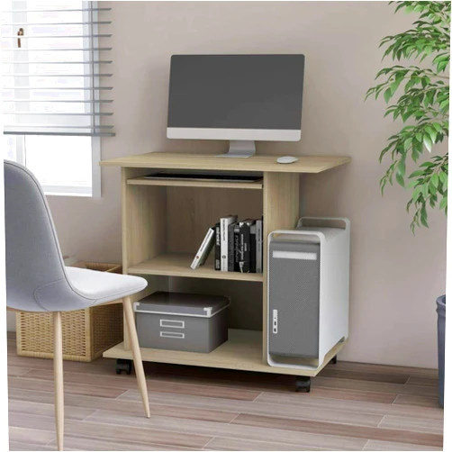 Generic Caeciliatima Light Oak Wood Grain Finish Wooden Writing Desk Mobile Computer Desk Sliding Keyboard Tray Side CPU Shelf Lower Double Shelves