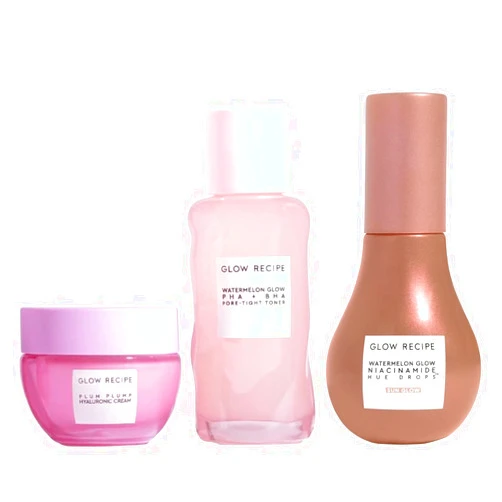 Glow Recipe Watermelon BHA + PHA Pore Tight Facial Toner (40 ml) + Plum Plump Hyaluronic Acid Cream (20 ml) + Niacinamide Bronzing Hue Drops (40 ml) - Skincare Travel Kit for Glowing Skin
