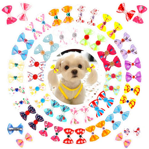 Petbuy 60Pcs Puppy Dogs Hair Barrettes Bows with Metal Clips,Rhinestone Tiny Christmas Bowknot Hair Bows Hair Topknot Hair Clips for Cat Puppy Party Birthday,Handmade Hair Accessories Pet Grooming