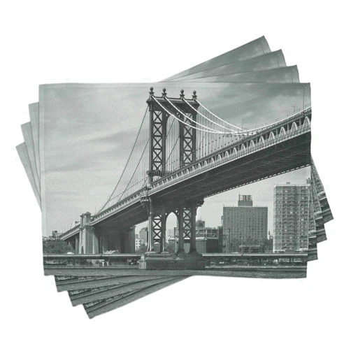 Ambesonne New York Place Mats Set of 4, Bridge of NYC Vintage East River Image USA Travel Top Place City Photo Art Print, Washable Fabric Placemats for Dining Table, Standard Size, Grey