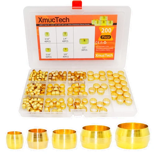 XmucTech 200PCS Brass Compression Fitting Ferrule Sleeve, 5 Sizes OD (0.1875-0.5inch) Assortment Kit
