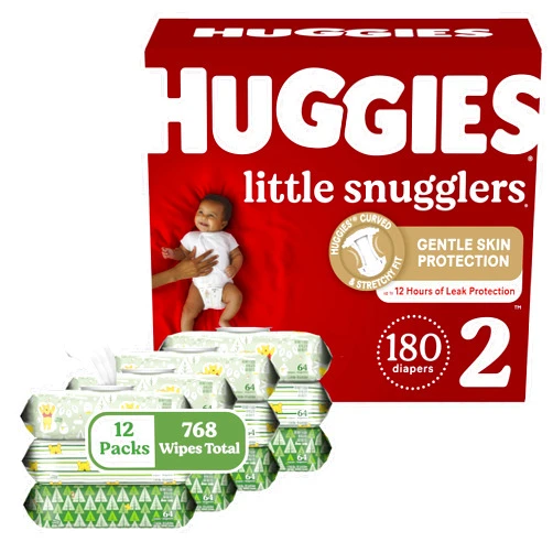 Huggies Little Snugglers Diapers & Wipes Bundle: Huggies Little Snugglers Size 2 Baby Diaper, 180ct & Huggies Natural Care Sensitive Wipes, Unscented, 12 Packs (768 Wipes Total) (Packaging May Vary)