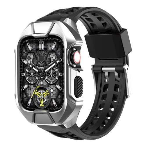 Wohben Rugged Armor Pro Compatible with Apple Watch Case with Band Series 7 (45mm) and Series 6/5/4/SE (44mm), Stainless Steel ShockProof TPU Strap Protective Cover-Christmas Gift