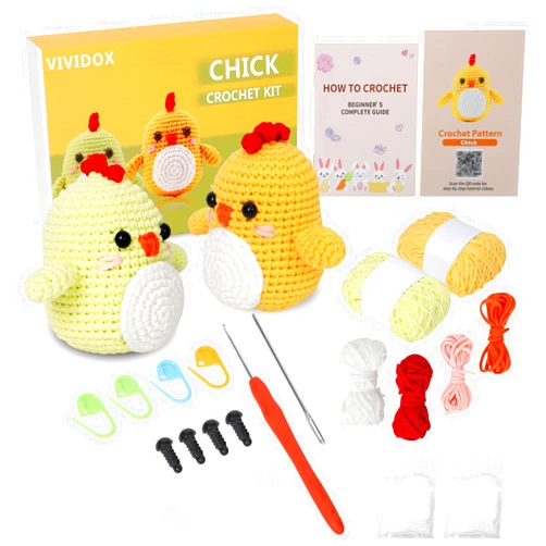 VIVIDOX 2 Pack Chick Crochet Kit for Beginners Adults Kids with Easy Yarn 3.5in Tall Animal Crocheting Starter Set with Step-by-Step Video Tutorials, DIY Knitting Kit with Complete Tools(Yellow+Green)