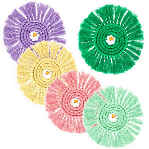 JarThenaAMCS 5Pcs Daisy Drink Coasters Handmade Cotton Coasters with Tassels Round Woven Absorbent Cup Mat Pads for Home Kitchen Office Housewarming Party Table Decor